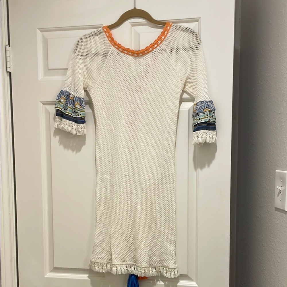 Raffaela D’Angelo Cream knit mesh coverup with Orange and Blue Accents
